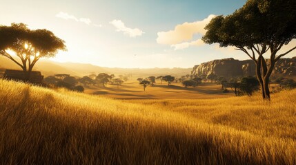 Fototapeta premium Stunning African Savanna Sunrise Landscape: A Golden Expanse of Nature's Majesty