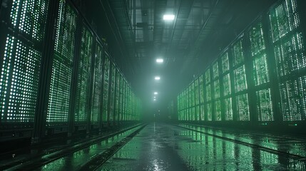 Green data center server room corridor, digital technology