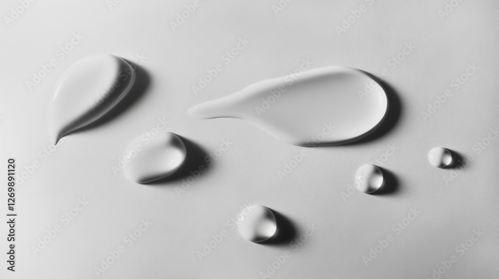 Poster Delicate water droplets rest on a smooth, polished surface, creating an artistic interplay of light and shadow. Their shapes vary, captivating with their serene simplicity