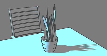 Top view small plant pot table shadows cartoon style simple lines gray background 3D model blue...