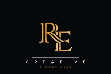 Sophisticated gold RE monogram logo on a sleek black background, ideal for branding, creative design, and luxurious themes.