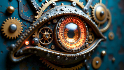A detailed mechanical eye with rotating gears, tiny clockwork components, and an illuminated lens resembling a camera shutter