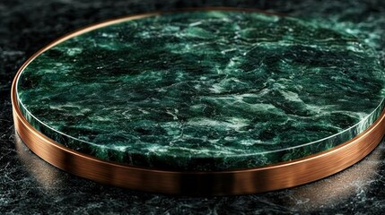 Green marble coaster, copper rim, dark background, product display