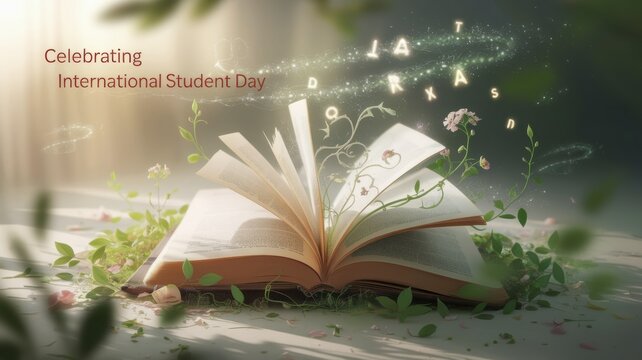International Student's Day. An open book lies on a bed of soft leaves, the pages are turned by a light breeze. Plants and flowers grow out of the book, symbolizing learning and the flowering of ideas