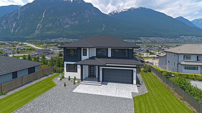 Modern house view with mountain backdrop & neighborhood landscape for real estate or lifestyle ads