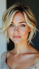 Fototapeta premium Close-up portrait of a young blonde woman with short wavy hair, blue eyes, and natural makeup.