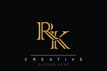 Sophisticated gold RK monogram logo on a sleek black background, ideal for branding, creative design, and luxurious themes.
