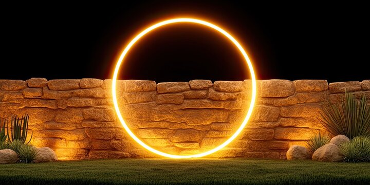 Bright neon circle framing stone wall with plants below