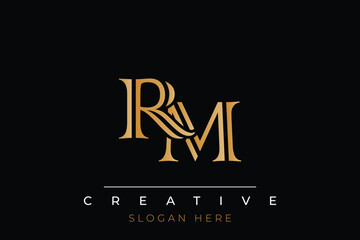 Sophisticated gold RM monogram logo on a sleek black background, ideal for branding, creative design, and luxurious themes.