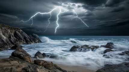 Obraz premium Stormy Seas and Dramatic Lightning Over Coastal Rocks
