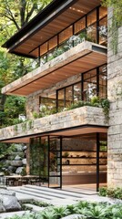 Modern stone house blends into a lush forest, nature merges with the house. Architecture stock