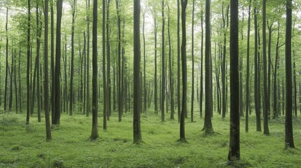 Fototapeta premium Serene Forest Scene with Tall Green Trees Surrounded by Lush Underbrush and Soft Light