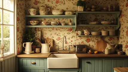 Classic English Cottage Kitchen: Imagine a quaint kitchen with floral wallpaper, a farmhouse sink, open shelving, and vintage teapots, all evoking the cozy charm of an English countryside cottage.