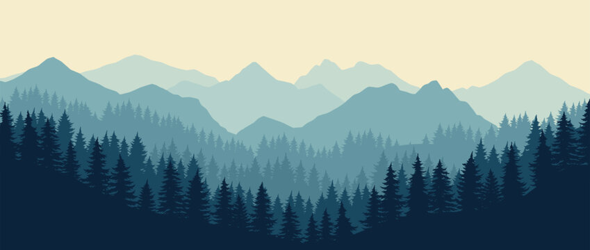 Tranquil forest landscape with mountain backdrop