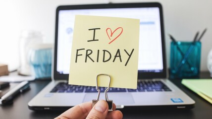 Naklejka premium Hand holds sticky note expressing love for Friday near laptop
