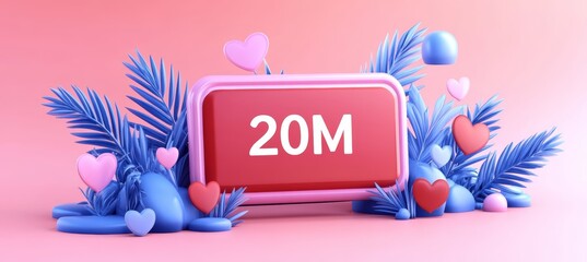 3D Rendering, Pink Signboard 20M Follow Celebration, With Tropical Leaves, Heart Shapes,