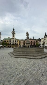 Cieszyn, Poland. Cieszyn square with water fountain and clock tower, Rynek Cesky Tesin twin town, Česk&yacute; Tě&scaron;&iacute;n
