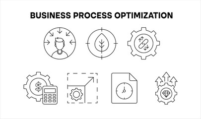 Vector icon for business process optimization. This set includes gear mechanisms, financial growth, time management, and efficiency enhancement symbols.