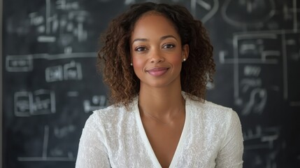 A female math teacher standing confidently in front of a chalkboard filled with equations, symbolizing education, knowledge, and academic expertise. Ideal for learning materials, school concepts,