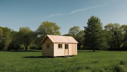 Obraz premium A small, one-roomed wooden cabin in the middle of a grassy field on a sunny day.