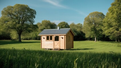 Obraz premium Tiny Wooden Cabin Surrounded by Lush Greenery and Towering Trees