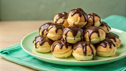 Fototapeta premium Profiteroles Drizzled with Chocolate Sauce on a Plate
