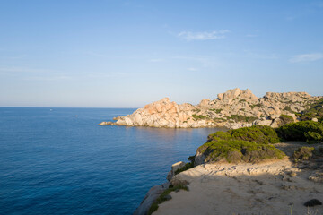 The rocks on the Mediterranean Sea shore at Capo Testa in Europe, Italy, Sardinia, Capo Testa, in summer, on a sunny day.