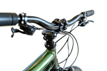 Exploring the intricate design of a mountain bike's handlebars and controls in a sunlit studio isolated on transparent background