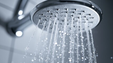 A close-up of a shiny clean showerhead with water flowing beautifully.