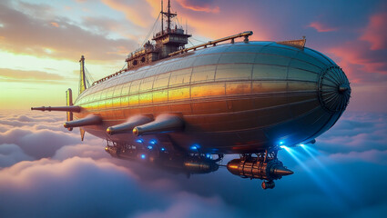 Obraz premium A massive airship with brass plating, enormous propellers, and glowing pipes, cruising through the clouds at sunset