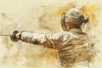 A female fencer prepares for action in an intense fencing duel.