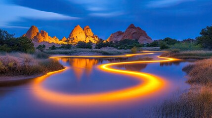 Naklejka premium Illuminated River Winding Through Desert Landscape With Mountains
