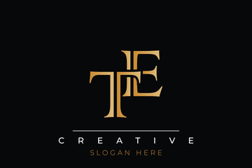 Sophisticated gold TE monogram logo on a sleek black background, ideal for branding, creative design, and luxurious themes.