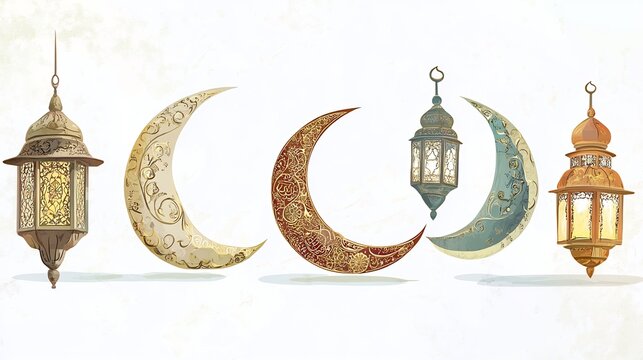 Vector graphic design template Islamic events featuring crescent moon and decorative lantern illustrations over a white background