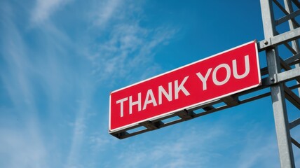 Fototapeta premium Red thank you sign stands against a bright blue sky
