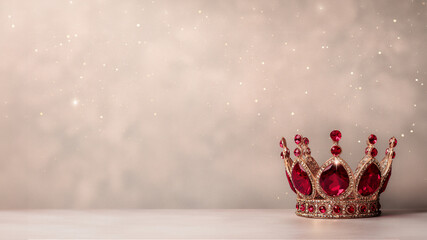 A beautifully crafted crown adorned with vibrant red stones is elegantly sitting atop a pristine light-colored table, enhancing the decor, copy space