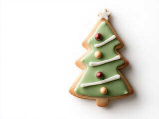 Festive Christmas Tree Cookie with Colorful Icing and Star Decoration on White Background