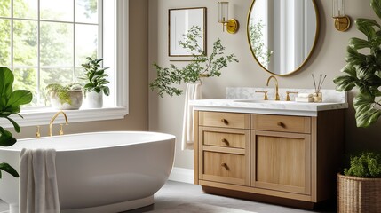 A luxury bathroom with a marble vanity, gold fixtures, and a freestanding soaking tub.