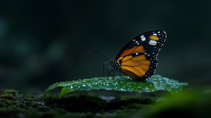 Obraz premium Orange butterfly on dewy leaf in rainforest.