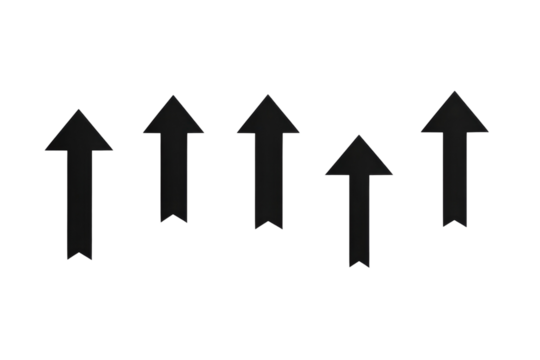Simple black arrows point upwards in a creative arrangement against a white background isolated on transparent background