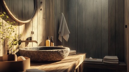 A rustic wooden bathroom with a stone sink, natural lighting, and warm textures.
