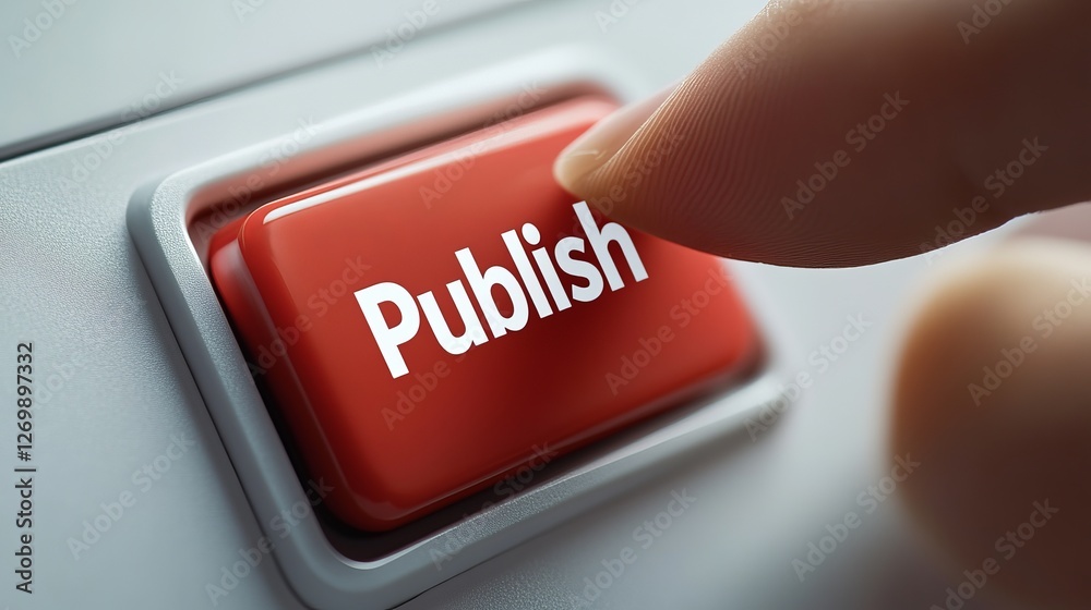 Poster red publish button finger press digital technology internet online media website blog social network