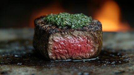Grilled steak with chimichurri, fire background, food photography, menu use