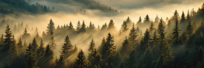 Obraz premium Sunlit Foggy Mountain Forest Treescape