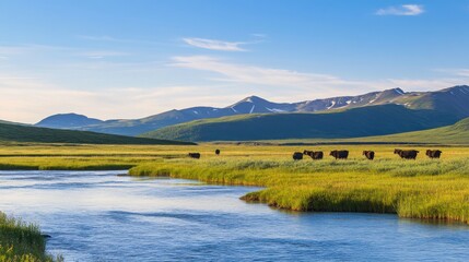Serene Mountain Valley with Black Cattle and a River; Picturesque Rural Landscape