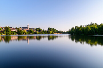 Obraz premium Dampierre-en-Burly view from the pond in Europe, France, Centre Val de Loire, Loiret, Dampierre en Burly, in summer, on a sunny day.