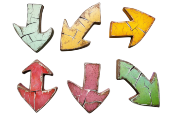 Colorful cracked arrows displayed creatively on a white background in a playful arrangement isolated on transparent background