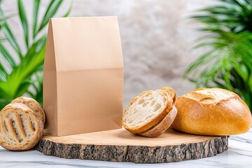 Fresh bread and slices displayed with brown paper bag