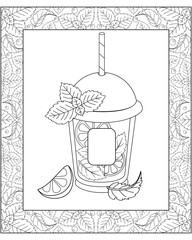 A glass with a mojito closed with a lid, lime and mint - a vector linear picture in a frame for coloring. Outline. Disposable glass with lid and drinking straw. Summer cocktail for coloring