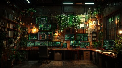 Hacker's lush office; coding, plants, night